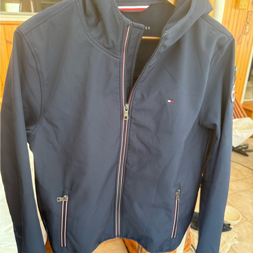 Tommy Hilfiger Navy Hooded Windbreaker Jacket with Zipper Details